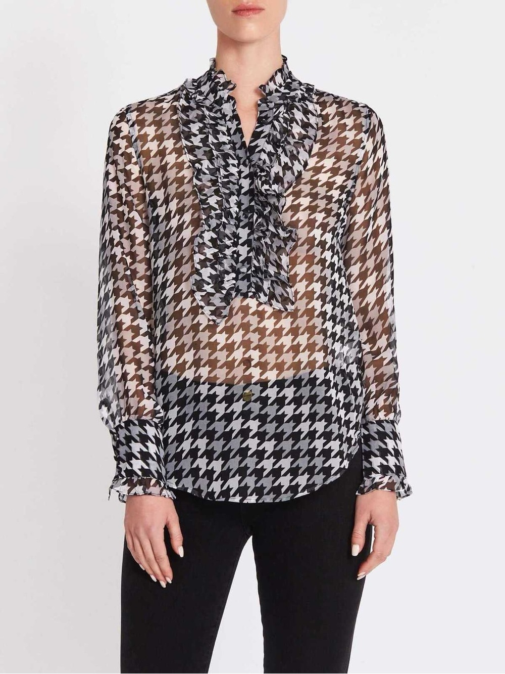 Equipment Samine Silk Houndstooth Ruffle Bib Blouse Black White Large